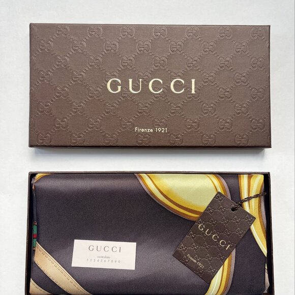 New Gucci Scarf Brown Iconic Horsebit Logo Print Silk Wrap with Gucci Gift Box - Picture 2 of 16